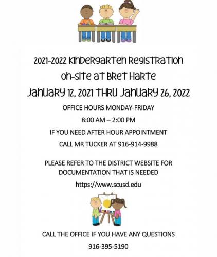 Kindergarten Registration at Bret Harte - January 12 through 26, 8am to 2pm